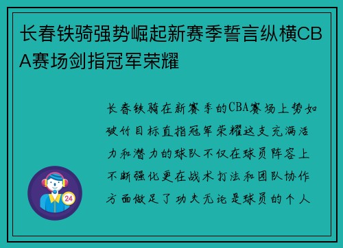 长春铁骑强势崛起新赛季誓言纵横CBA赛场剑指冠军荣耀